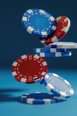 A pile of poker chips falls through the air, with a blurred background