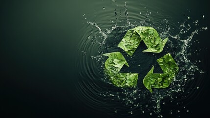 A green recycle symbol made from leaves is submerged in water, creating a splash effect. The dark background emphasizes the symbol's vibrant color.