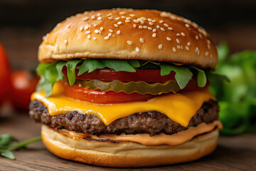Classic cheeseburger with lettuce, tomato, pickles, and cheddar on sesame seed bun