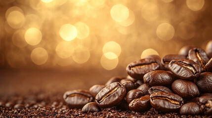 Ziarna kawy, świeżo palone, wyeksponowane na pięknym, rozmytym brązowym tle, które przypomina o ciepłych chwilach z filiżanką aromatycznej kawy.