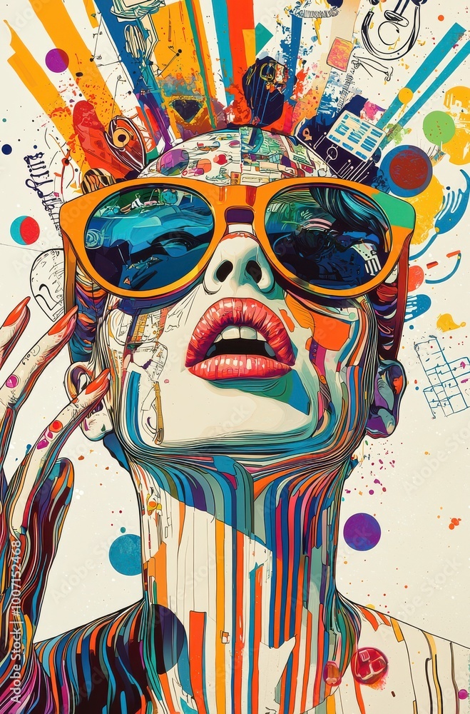 Poster vibrant surreal portrait of a woman with colorful abstract patterns and artistic designs in a lively