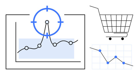 Data analysis highlighted by graphs, chart with line graph and target symbol, and shopping cart. Ideal for business analytics, sales strategy, market research, e-commerce, financial forecasting