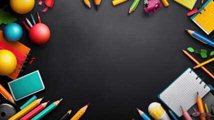 Creative school flyer with a chalkboard background, promoting an upcoming school fair, with colorful illustrations of school supplies.