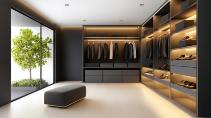 Custom closet with floor-to-ceiling shelves, racks for shoes, and stylish storage bins, creating a clutter-free space