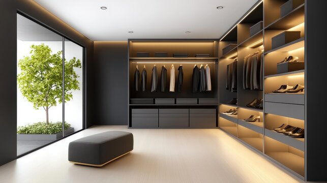 Custom closet with floor-to-ceiling shelves, racks for shoes, and stylish storage bins, creating a clutter-free space