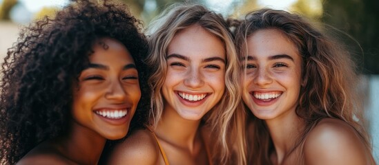 Fototapeta premium Three diverse women smiling at the camera with their arms around each other.