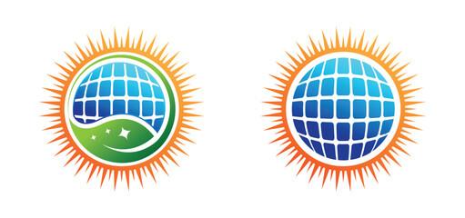 Solar Energy Logo with Sun and Globe for Sustainable Living, solar logo. green energy concept. solar logo in round circle vector design