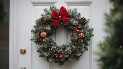 Christmas wreath hanging on a modern cream-colored white door