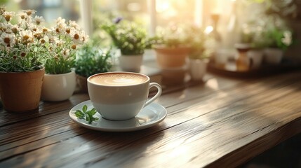 Obraz premium Cup of Coffee on a Wooden Table with Sunlight Streaming Through Window