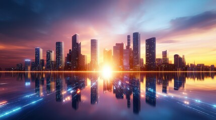 Dramatic city skyline with towering skyscrapers and a glowing horizon, showcasing urban growth and modern design