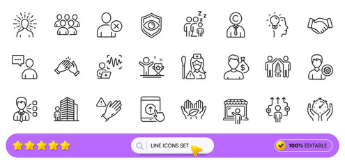 Agent, Third party and Support line icons for web app. Pack of Swipe up, Delete user, Sleep pictogram icons. Nurse, Partnership, Use gloves signs. Idea, Handshake, Voice wave. Yoga. Search bar. Vector