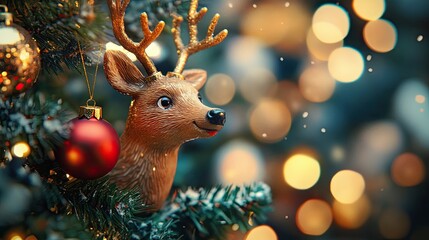 Christmas tree toy in the form of a reindeer on the branches of a fir tree surrounded by glass balls. The figure is made of glass or plastic. Festive New Year decor. Design for cover, card, interior.