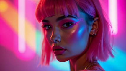Obraz premium Portrait of a beautiful young woman with bright glitter makeup posing in mixed color neon light. Beauty trends. Copy space. 