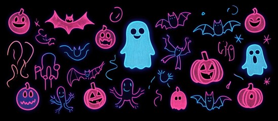Fototapeta premium Many cute cartoon ghosts, pumpkins, and bats in neon pink, blue, and purple on a black background Generative AI