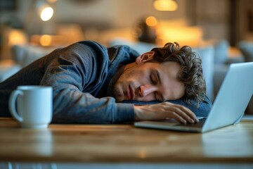 close-up photo of a tired businessman sleeping over his office desk with a laptop open in front of him.