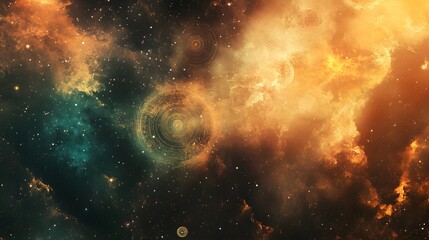 A vast cosmic scene, where vibrant clouds of orange and teal gas swirl together in a nebula-like formation.
