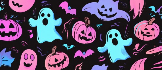 Cute pink and blue cartoon ghosts, pumpkins, and bats on a black background The color palette features a cute, pink and purple tone with a blacklight or neon light Generative AI