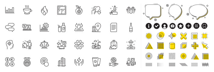Set of Money profit, Coffee cup and Safe time line icons for web app. Design elements, Social media icons. Talk bubble, Dog competition, Window icons. Vector
