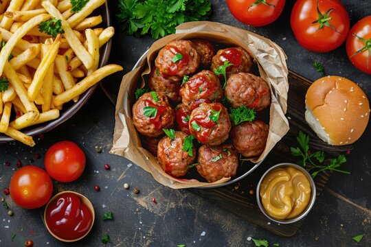 A plate of savory meatballs served with crispy French fries, perfect for a casual meal or party snack