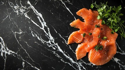 A gourmet salmon carpaccio, thinly sliced and drizzled with olive oil, placed against a black marble backdrop with contrasting green herbs