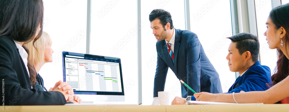 Poster project planning software for modish business project management on the computer screen showing time