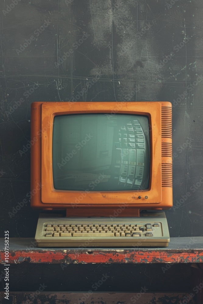 Poster a vintage television set placed beside a computer keyboard on a desk, ready for use or display