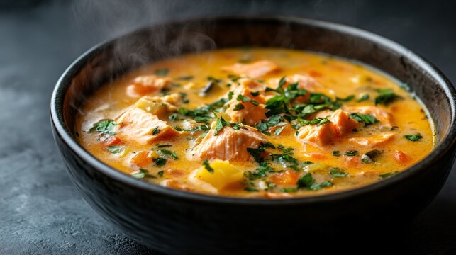 A rich, creamy salmon chowder served in a dark, minimalist bowl, with steam rising against a deep gray background