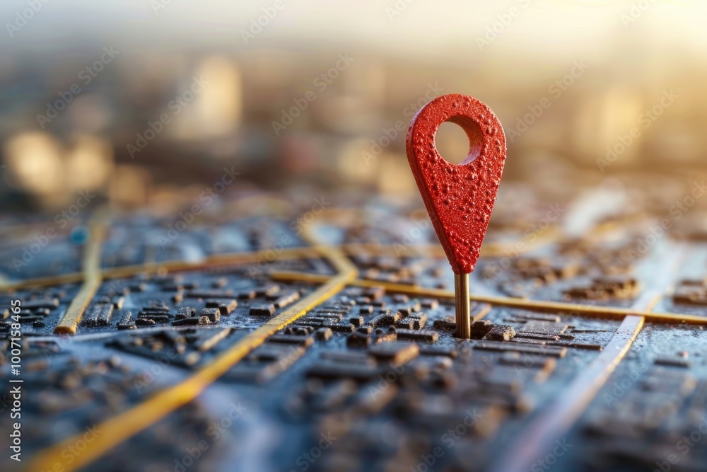 Poster a map of a city with a small red pin marking a specific location