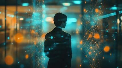 Corporate businessman in blockchain virtual reality navigates through holographic data cloud and global network connections