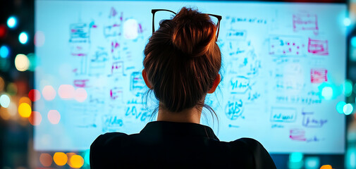 Businesswoman analyzing data on a whiteboard with colorful charts.