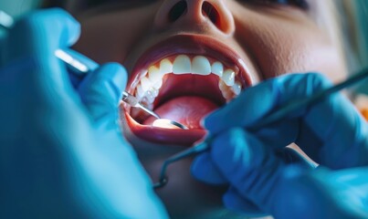 Dental examination and procedure in progress on a patient with an open mouth, showcasing dental care and treatment