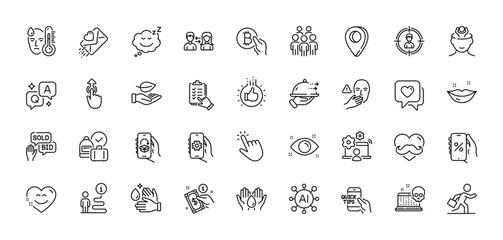 Checklist, Lips and Bid offer line icons pack. AI, Question and Answer, Map pin icons. Health eye, Safe water, People communication web icon. Cyber attack, Online job, Dont touch pictogram. Vector