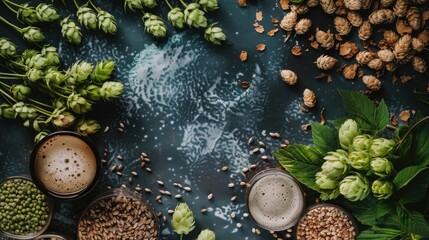 a collection of beer ingredients including malt, hops, and yeast on a table