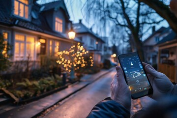 American hand using a home security system on a mobile phone outside the house
