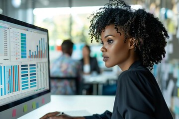 African American businesswoman focused on analyzing data on computer screen in office setting.