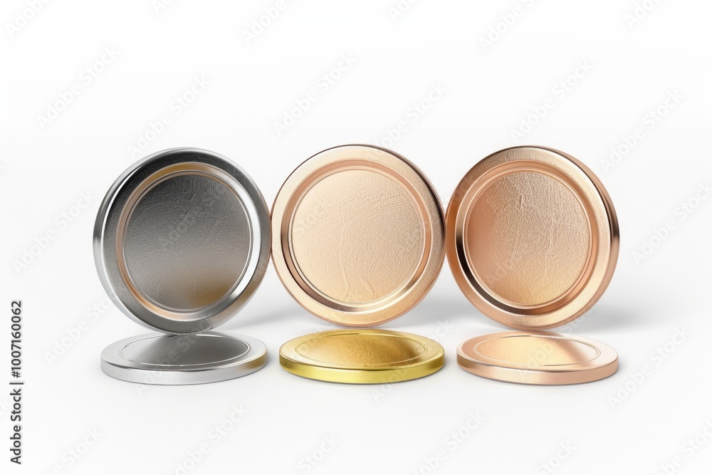 Poster close-up of three differently colored lids on a white surface, suitable for use in packaging or prod