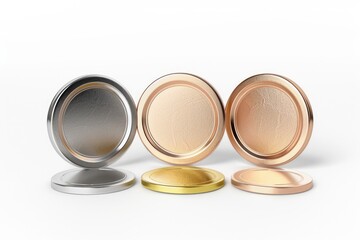 Close-up of three differently colored lids on a white surface, suitable for use in packaging or product design concepts