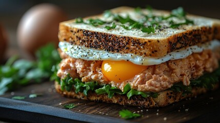 Delicious Egg and Salmon Sandwich on a Rustic Wooden Board