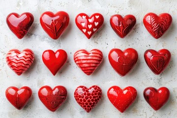 Fototapeta premium Group of red hearts arranged on a table, perfect for romantic occasions or Valentine's Day decorations