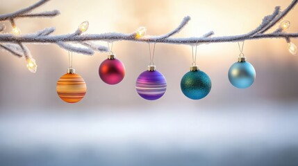 Glass Christmas ornaments in vibrant colors, reflecting the warm glow of holiday lights, hanging elegantly on a frosted tree.