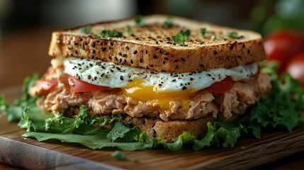 Delicious Tuna Sandwich with Fried Egg and Tomato