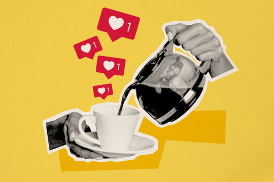 Trend artwork composite sketch image photo collage of silhouette hand hold coffee pot drink beverage cup like heart feedback reaction - Powered by Adobe