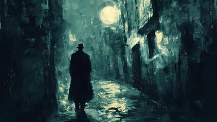 Obraz premium Midnight Stroll in the Alley: A mysterious figure in a long coat walks alone down a moonlit alleyway, painting a scene of intrigue and suspense. The artwork evokes a dark, atmospheric mood.