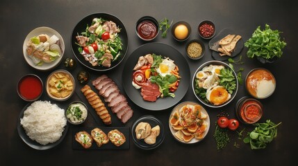 international mix set foods top view on table.