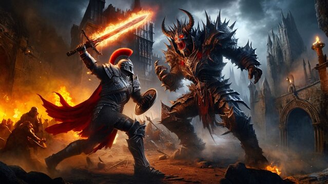 Caballero valiente desafía a la bestia de las sombras ardientes
