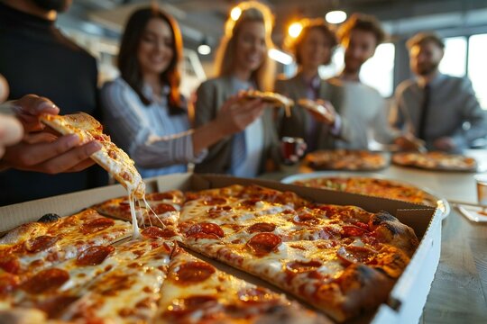 close-up shot of diverse businesspeople taking slices of pizza from a box during an office celebration. - Powered by Adobe