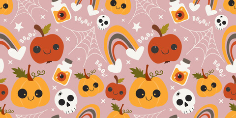 Naklejka premium Autumn seamless pattern of cute halloween elements skull, pumpkin, spider, bottle poison. Great for harvest festival cards, invitations, banner, textile - vector design, cartoon style illustration