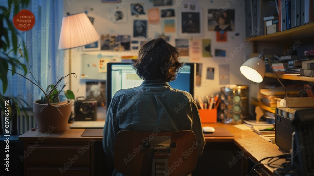 Poster a person working at a desk with a computer and possibly some papers or documents