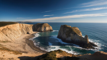 Coastal landscape with a gap in rocky headland.