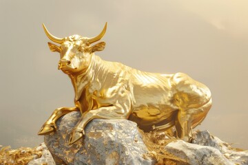 A bronze bull sits atop a rocky outcropping, its powerful body and fierce expression commanding attention